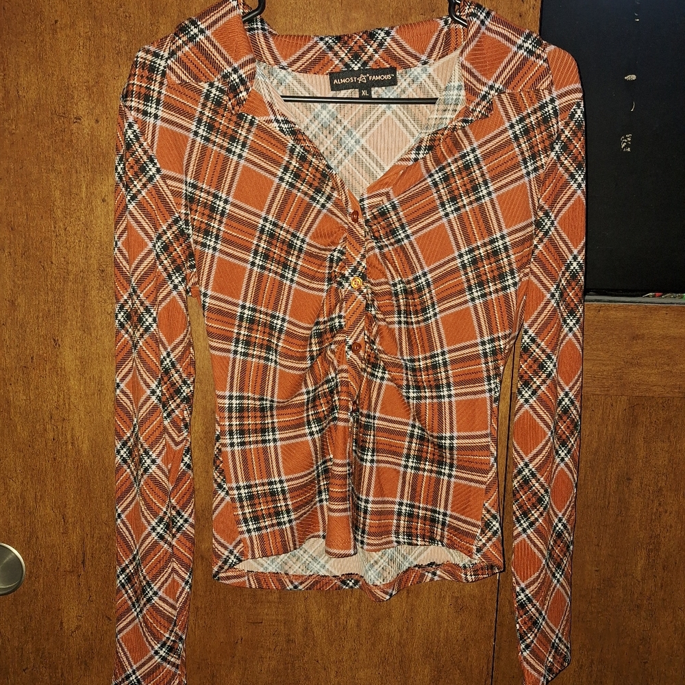 Almost Famous Orange Plaid Cropped Shirt